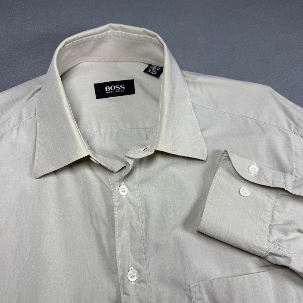 Hugo Boss Mens Dress Shirt 15.5 39 Beige Long Sleeve 100% Cotton Made in Italy